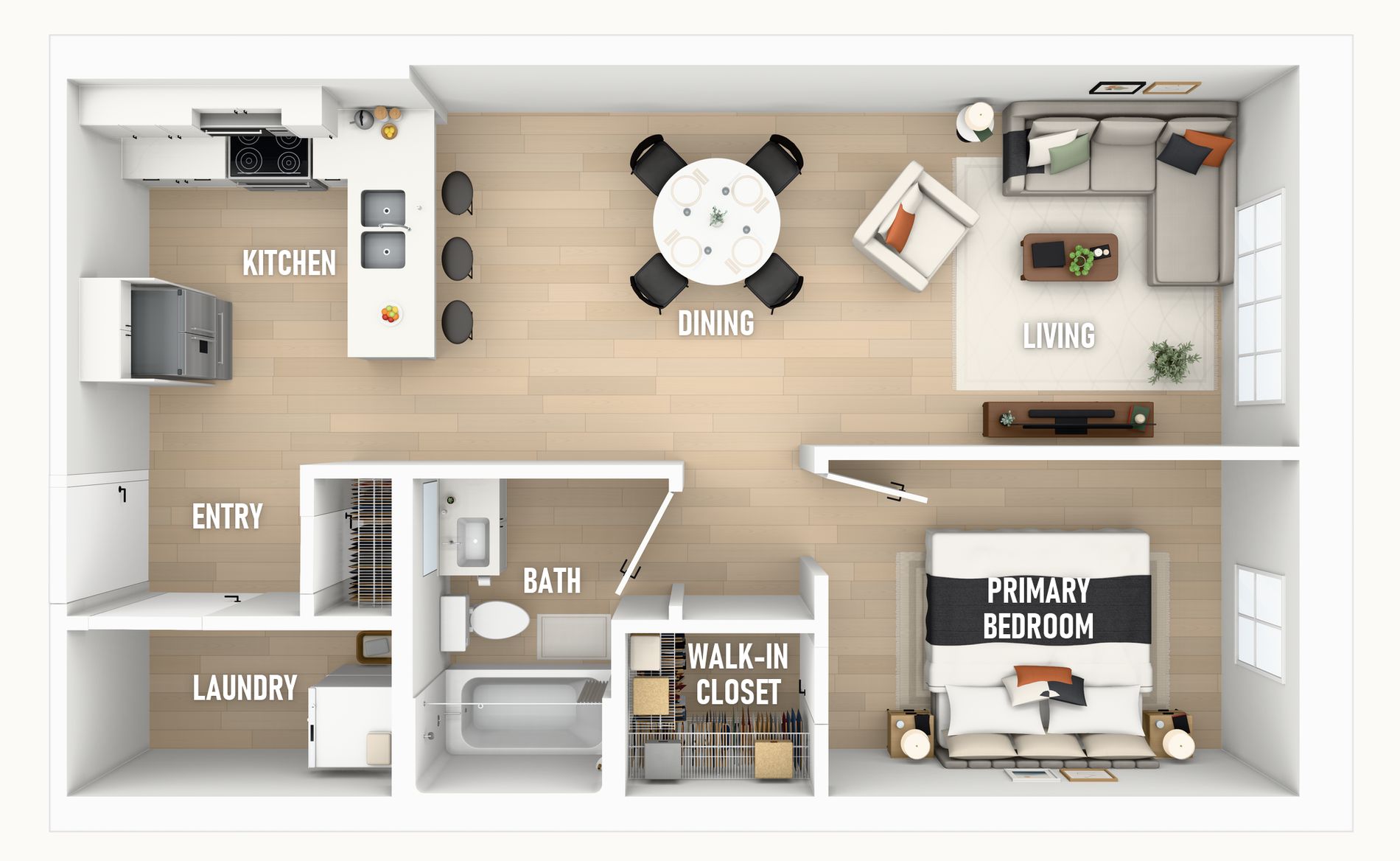 Floor plan of a one bedroom home at 25 Post Street, 70 square metres: primary bedroom, living, dining, kitchen, bath, laundry, walk-in closet.