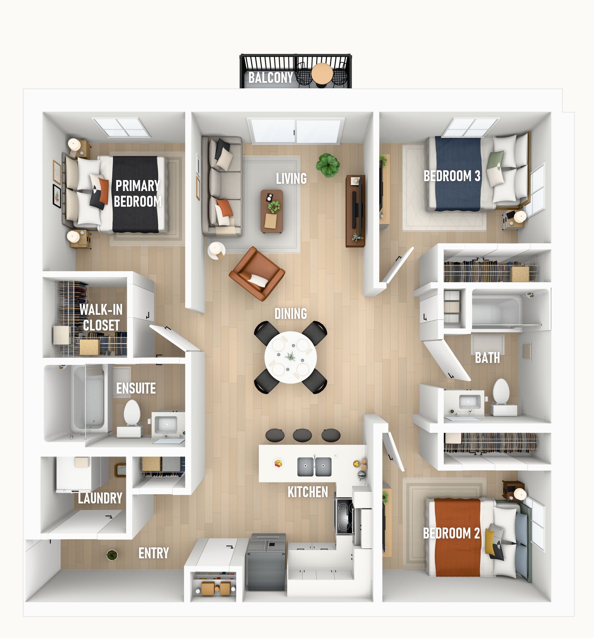 Floor plan of a three bedroom home at 25 Post Street, 104 square metres: primary bedroom, two bedrooms, living, dining, kitchen, ensuite, bath, laundry, walk-in closet, balcony.